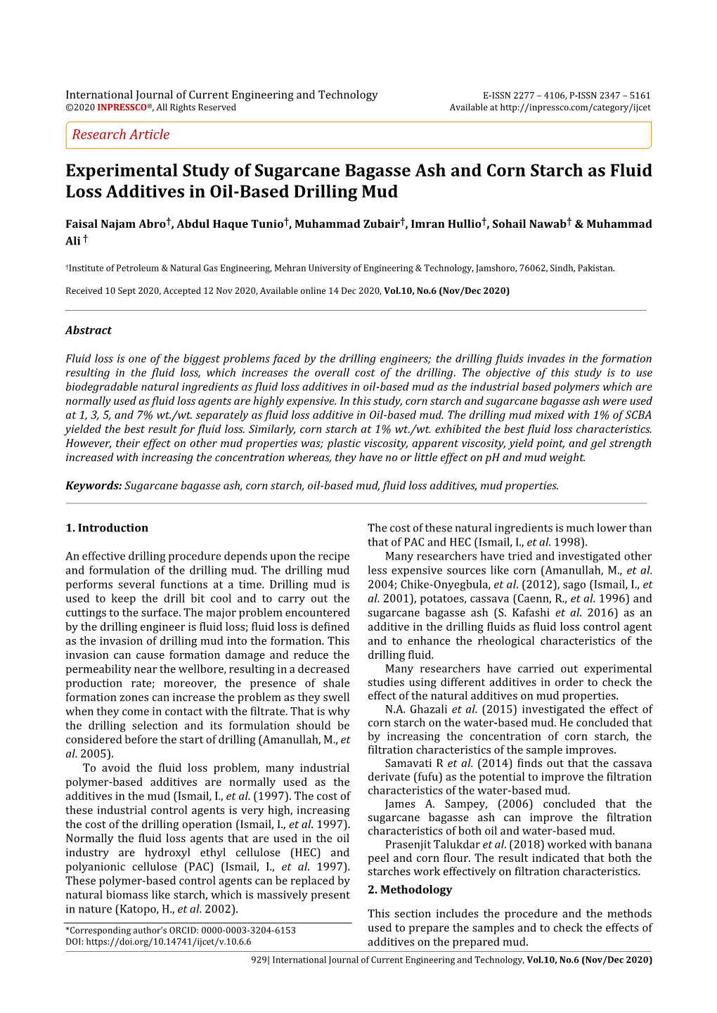 Experimental Study of Sugarcane Bagasse Ash and Corn Starch As Fluid Loss Additives in Oil-Based Drilling Mud