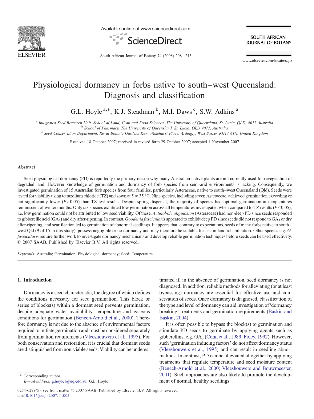 Physiological Dormancy in Forbs Native to South–West Queensland: Diagnosis and Classification ⁎ G.L