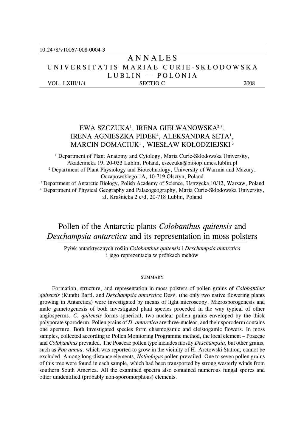 ANNALES Pollen of the Antarctic Plants Colobanthus Quitensis And