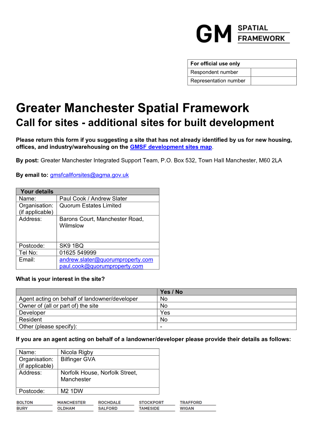Greater Manchester Spatial Framework Call for Sites - Additional Sites for Built Development