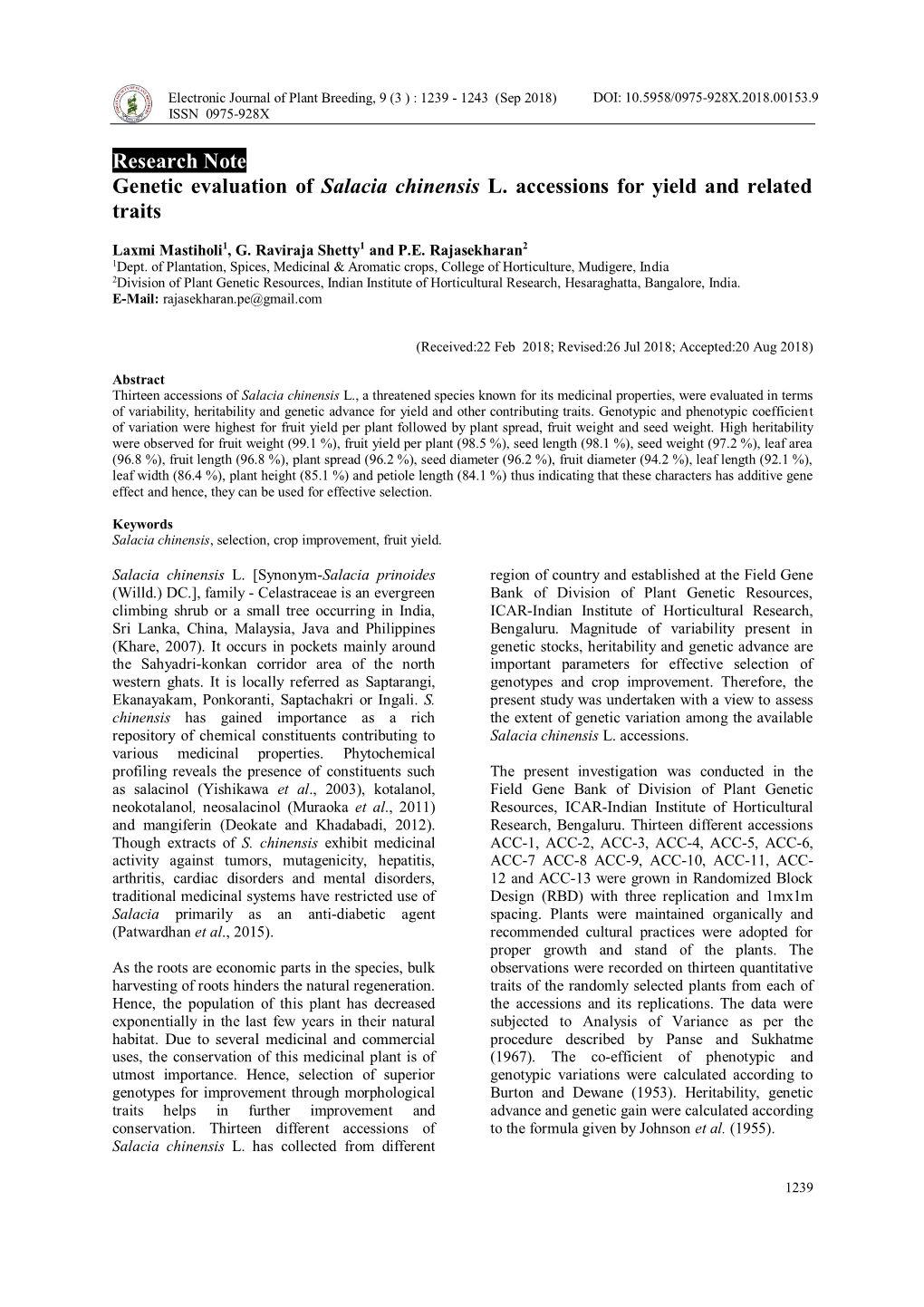 Research Note Genetic Evaluation of Salacia Chinensis L. Accessions for Yield and Related Traits