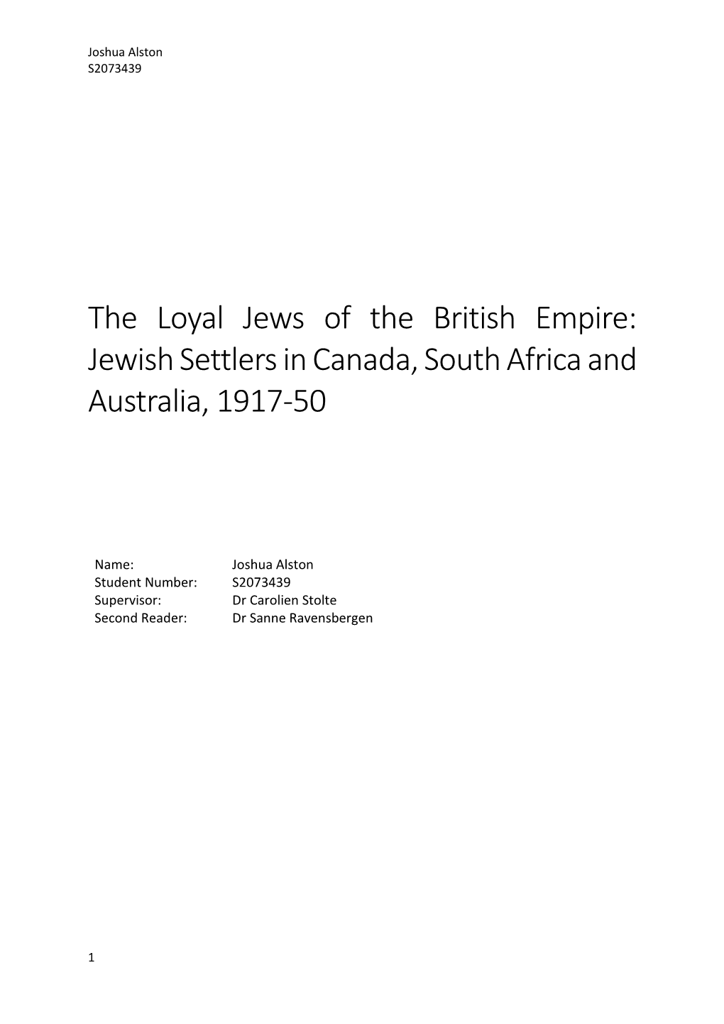 The Loyal Jews of the British Empire: Jewish Settlers in Canada, South Africa and Australia, 1917-50