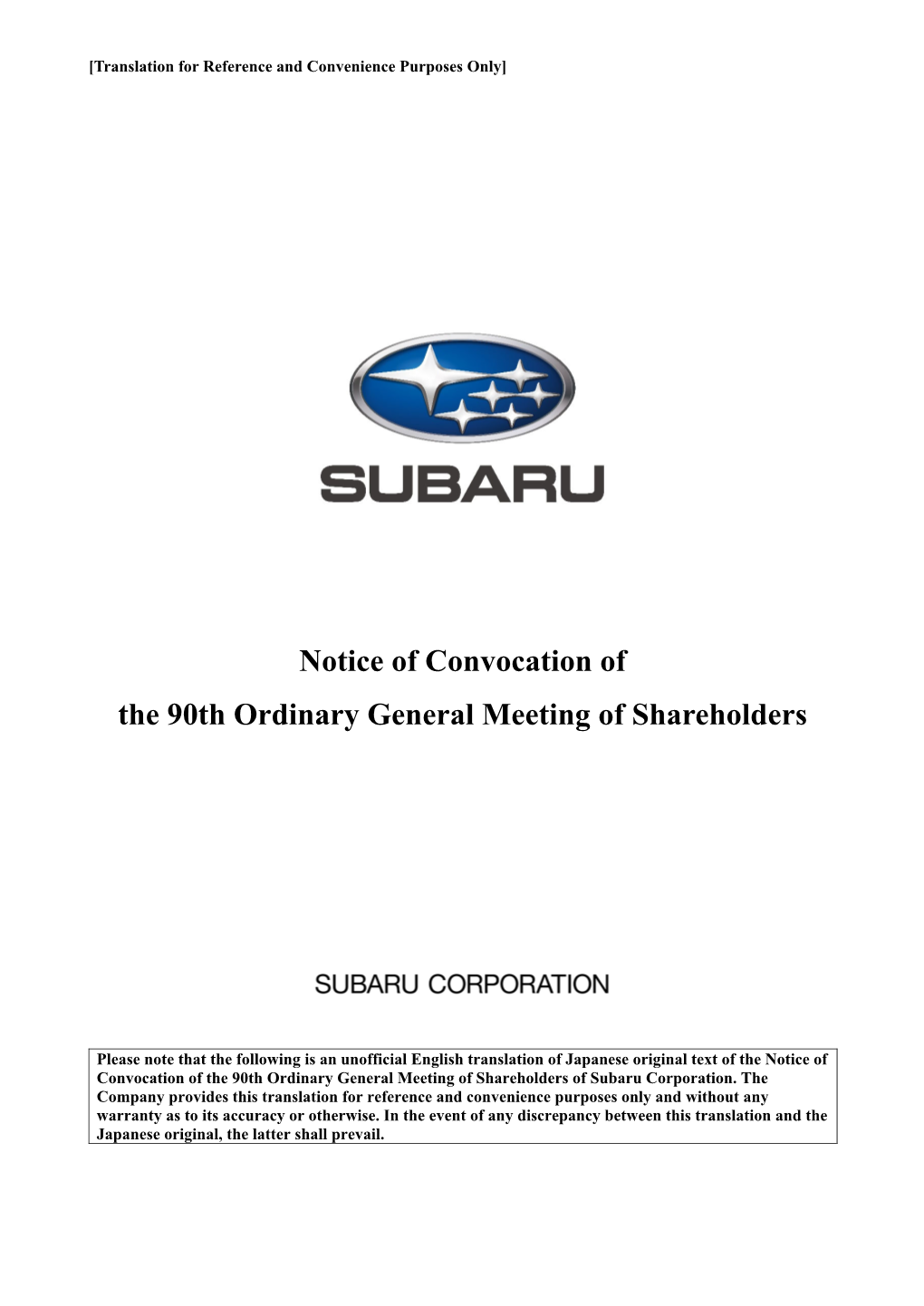 Notice of Convocation of the 90Th Ordinary General Meeting of Shareholders