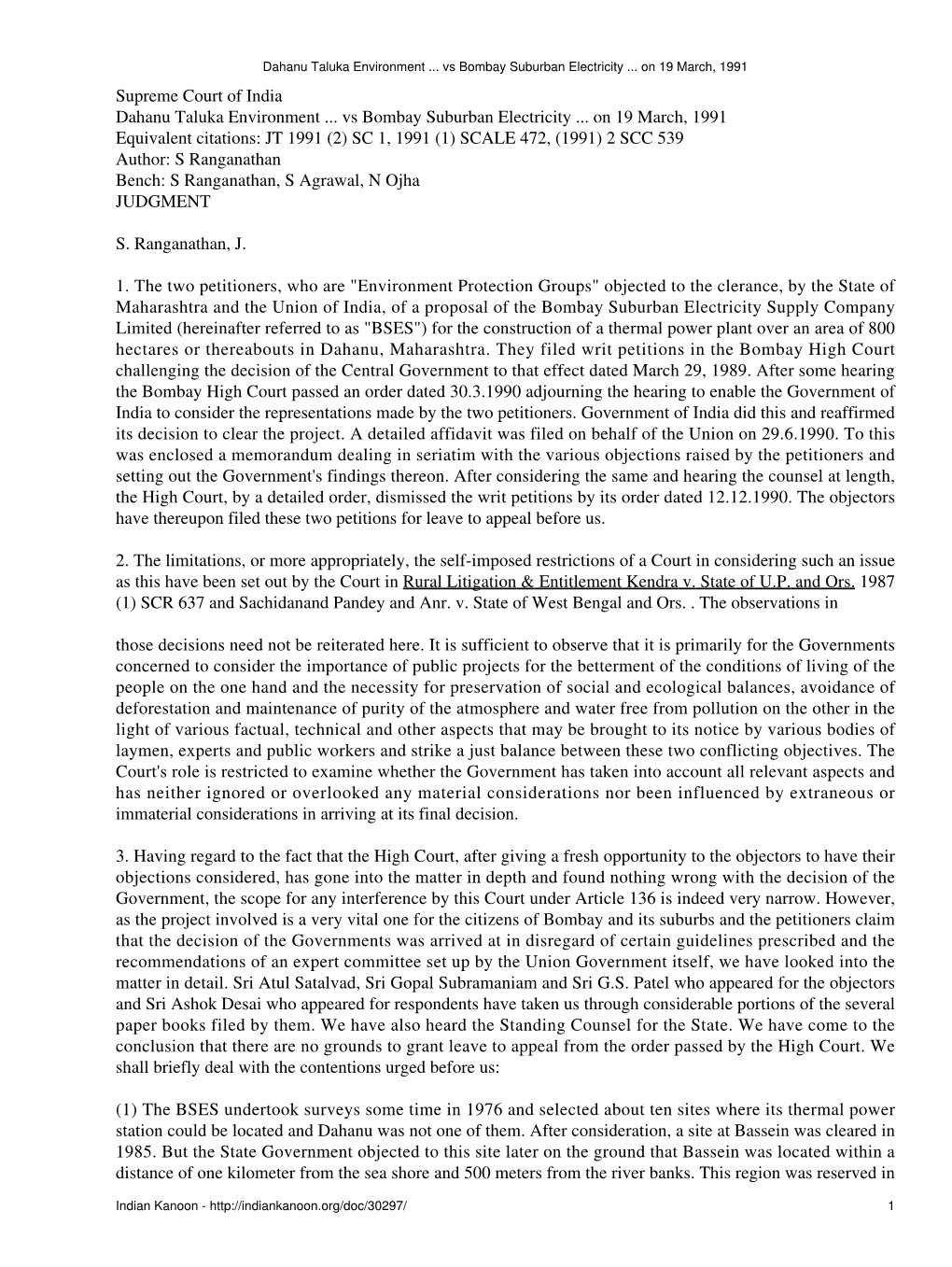 Dahanu Taluka Environment ... Vs Bombay Suburban Electricity ... on 19 March, 1991 Supreme Court of India Dahanu Taluka Environment