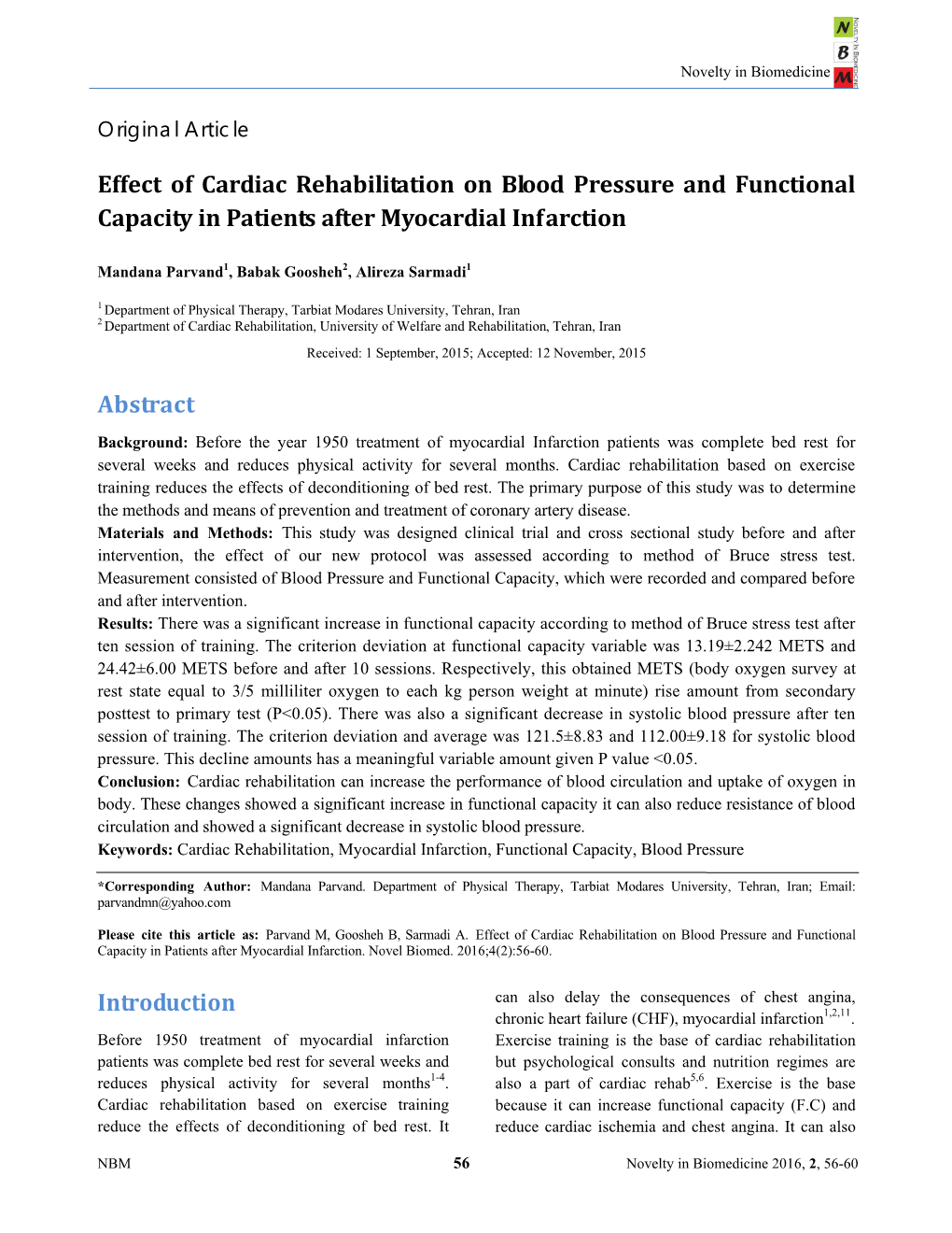 Effect of Cardiac Rehabilitation on Blood Pressure and Functional Capacity in Patients After Myocardial Infarction Abstract Intr