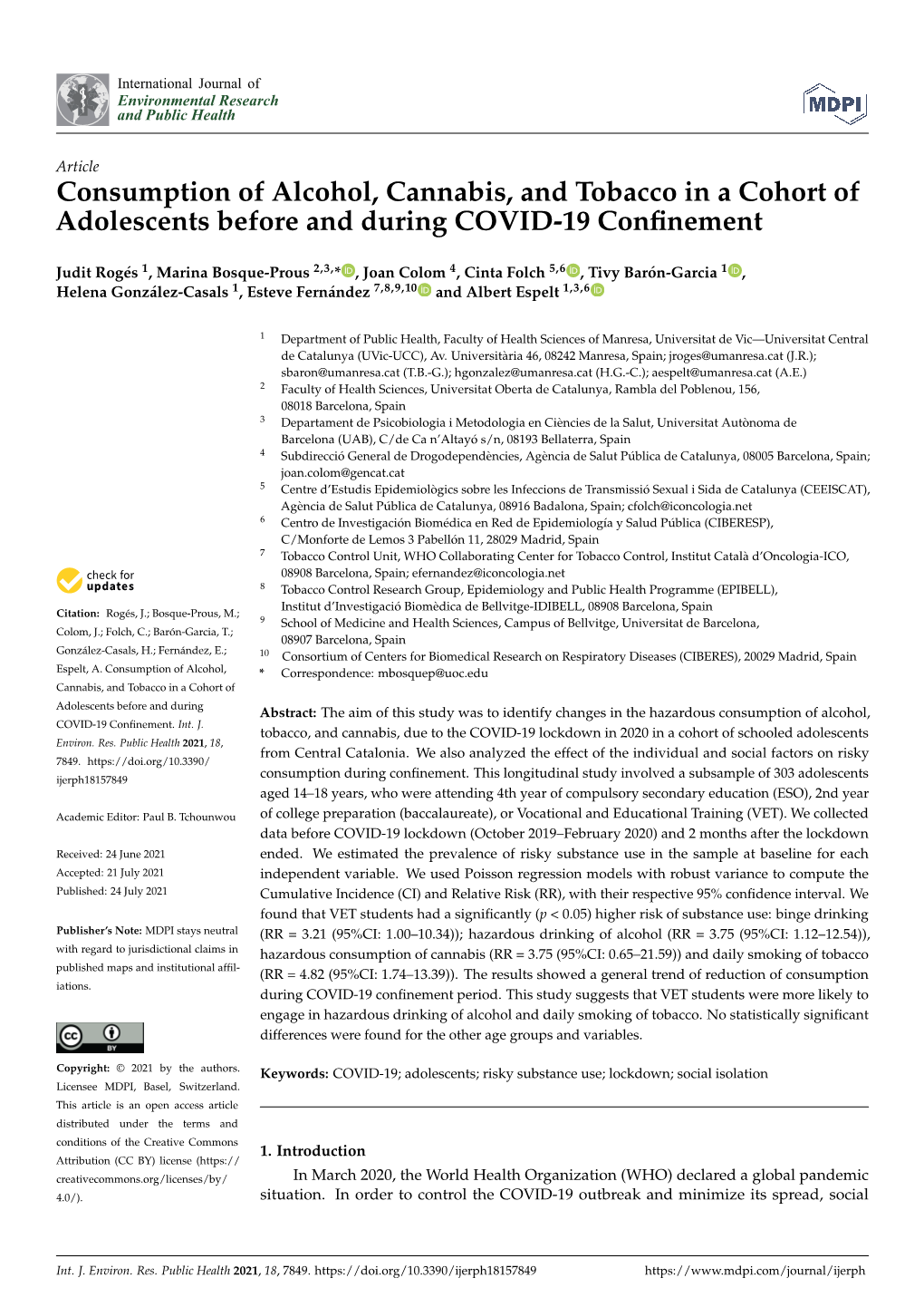Consumption of Alcohol, Cannabis, and Tobacco in a Cohort of Adolescents Before and During COVID-19 Confinement