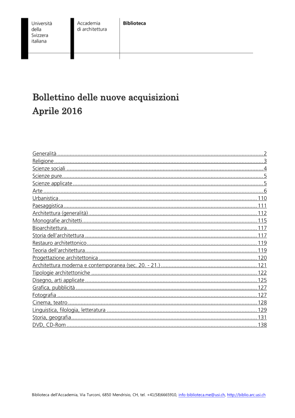 Bollettino Delle Nuove Acquisizioni Aprile 2016