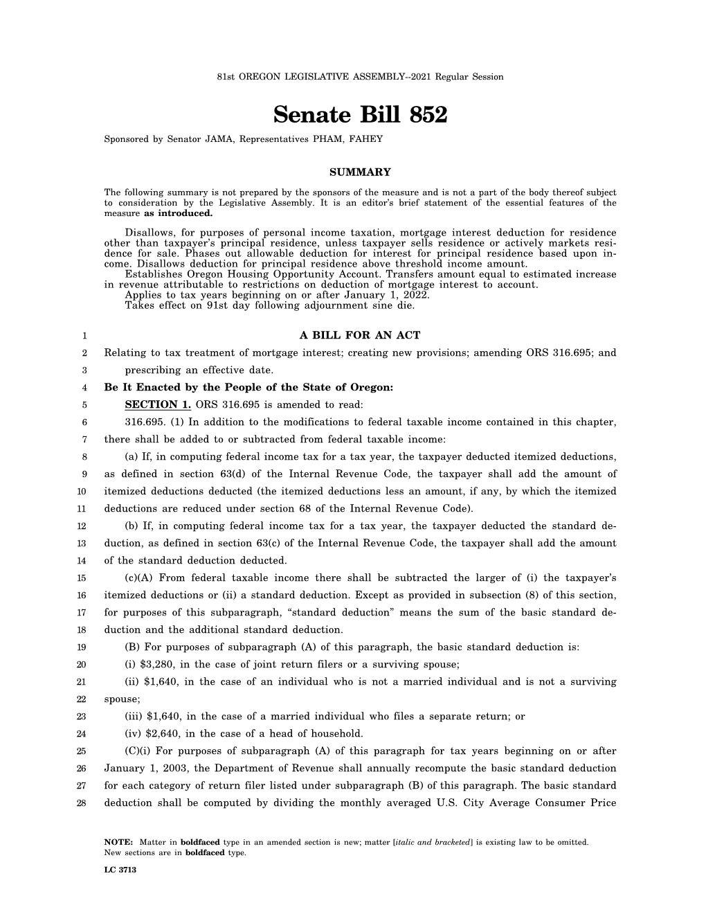 Senate Bill 852 Sponsored by Senator JAMA, Representatives PHAM, FAHEY