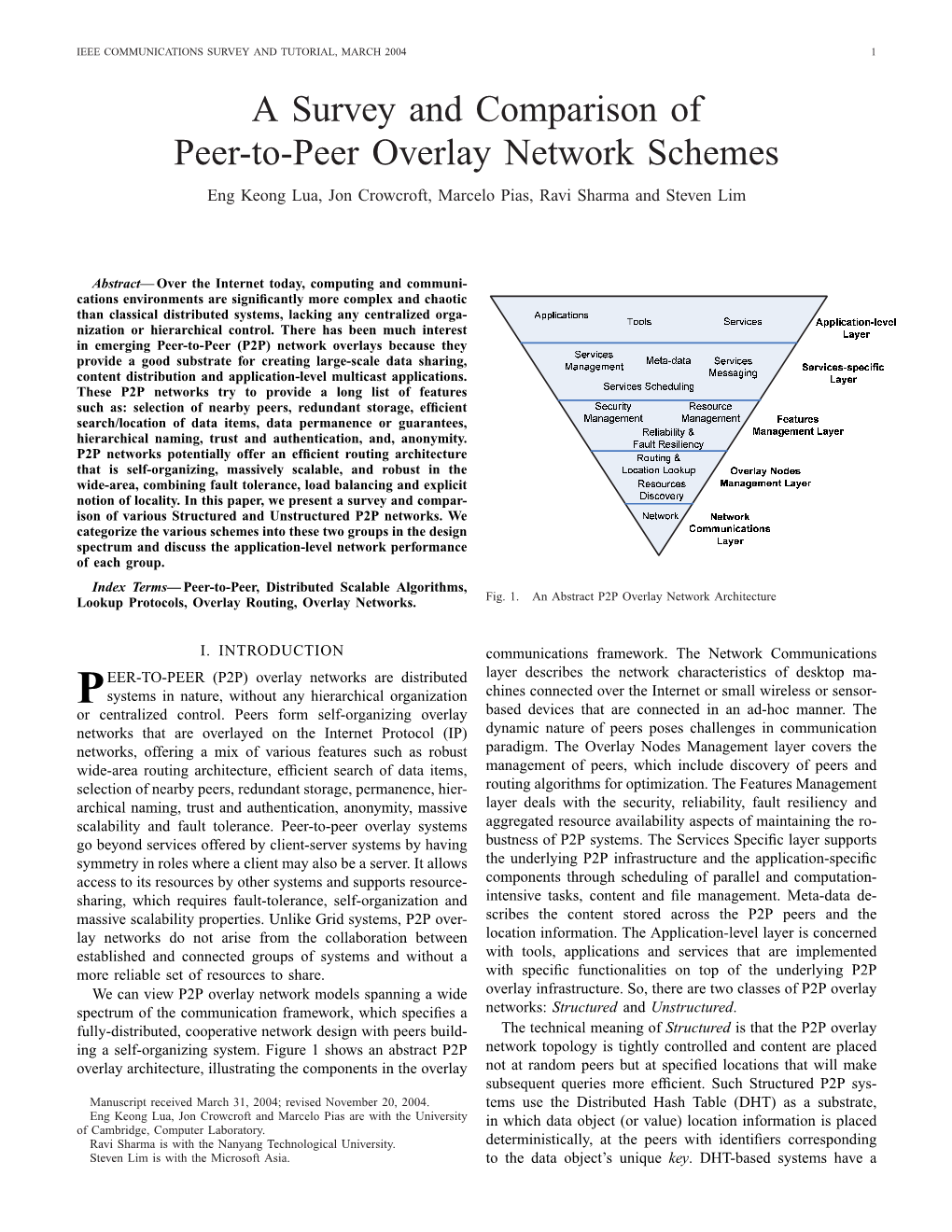 A Survey and Comparison of Peer-To-Peer Overlay Network Schemes Eng Keong Lua, Jon Crowcroft, Marcelo Pias, Ravi Sharma and Steven Lim