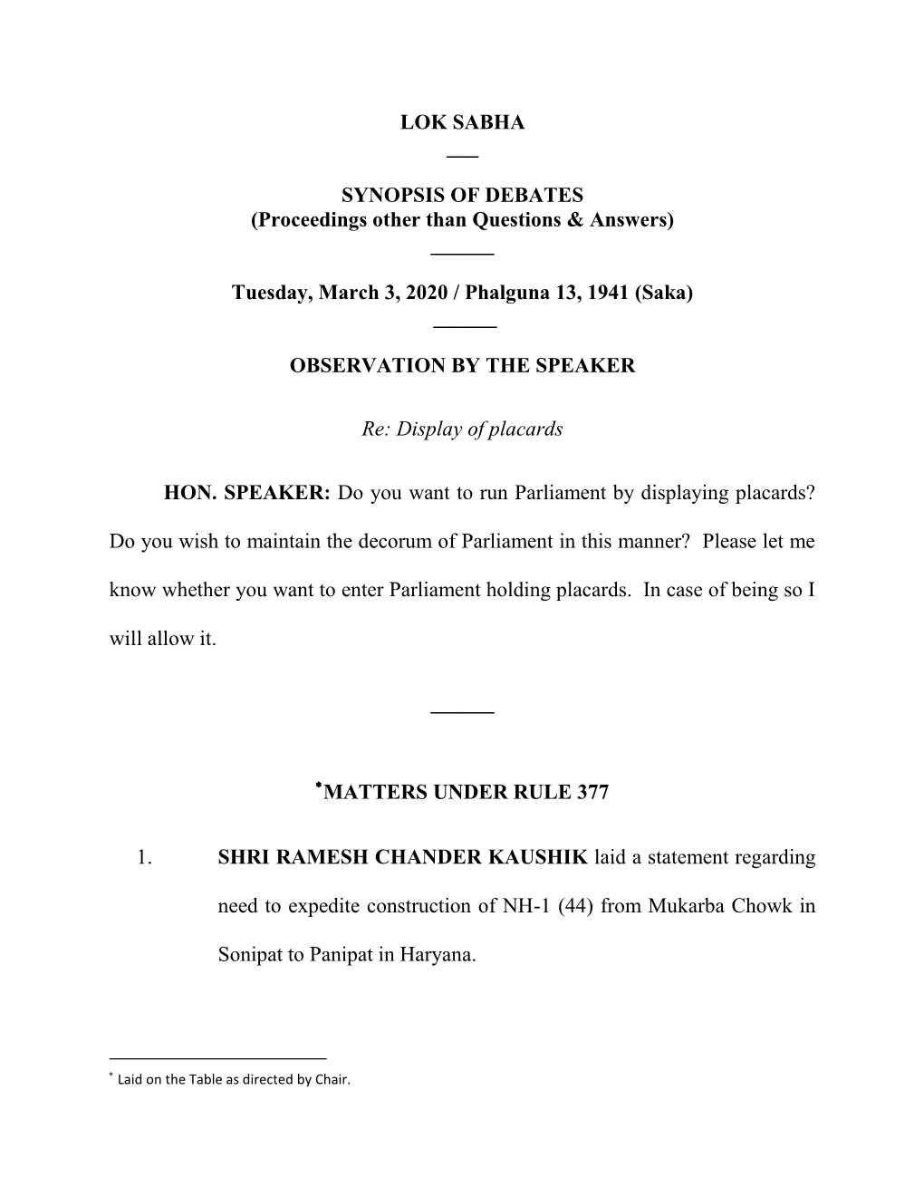 LOK SABHA ___ SYNOPSIS of DEBATES (Proceedings Other Than Questions & Answers) ___Tuesday, March 3, 2020 / Phalguna