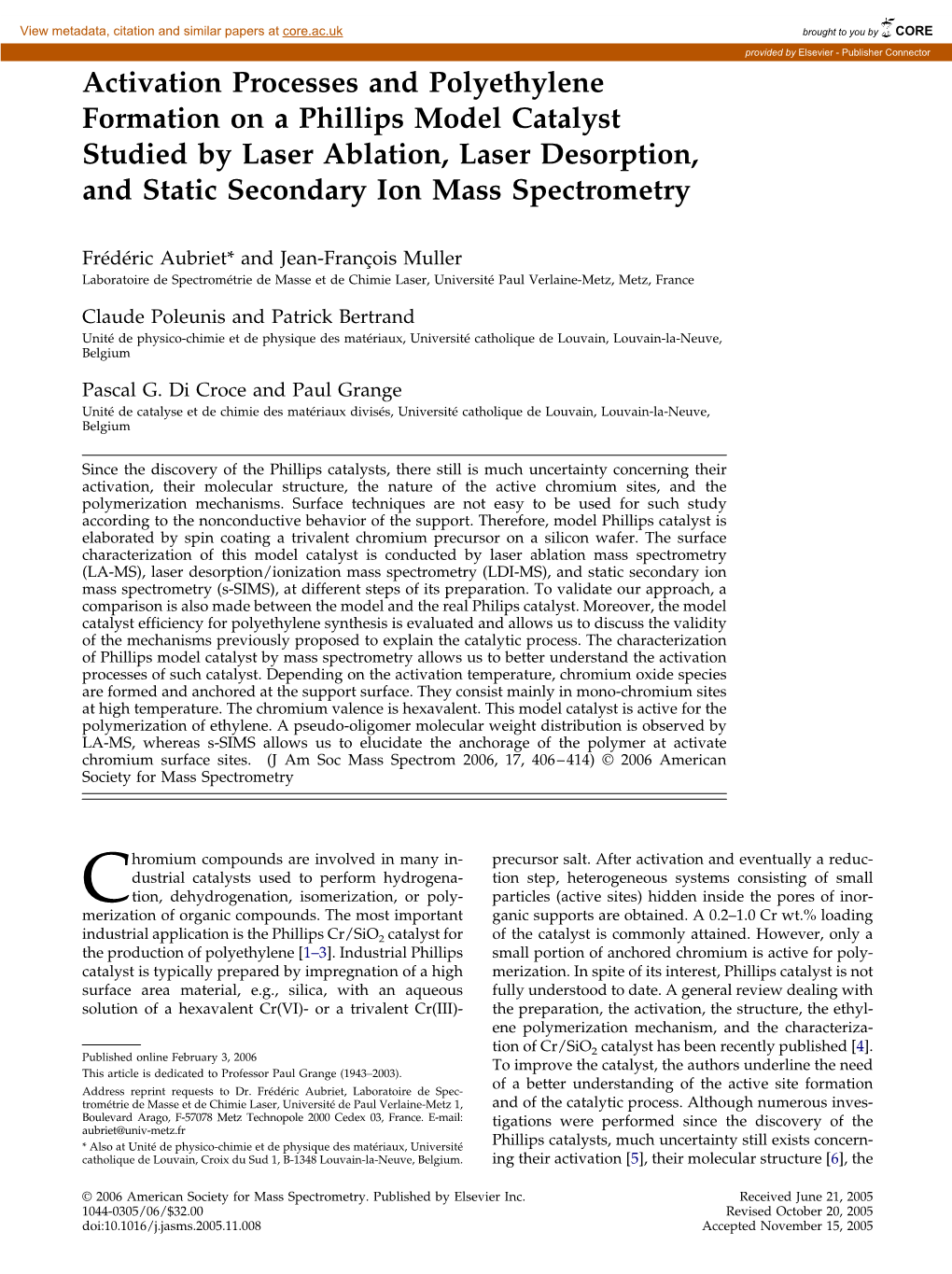 Activation Processes and Polyethylene Formation on a Phillips Model Catalyst Studied by Laser Ablation, Laser Desorption, and Static Secondary Ion Mass Spectrometry