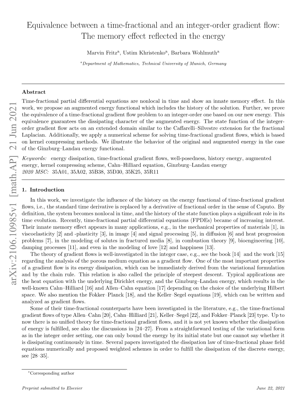 Equivalence Between a Time-Fractional and an Integer-Order Gradient ﬂow: the Memory Eﬀect Reﬂected in the Energy