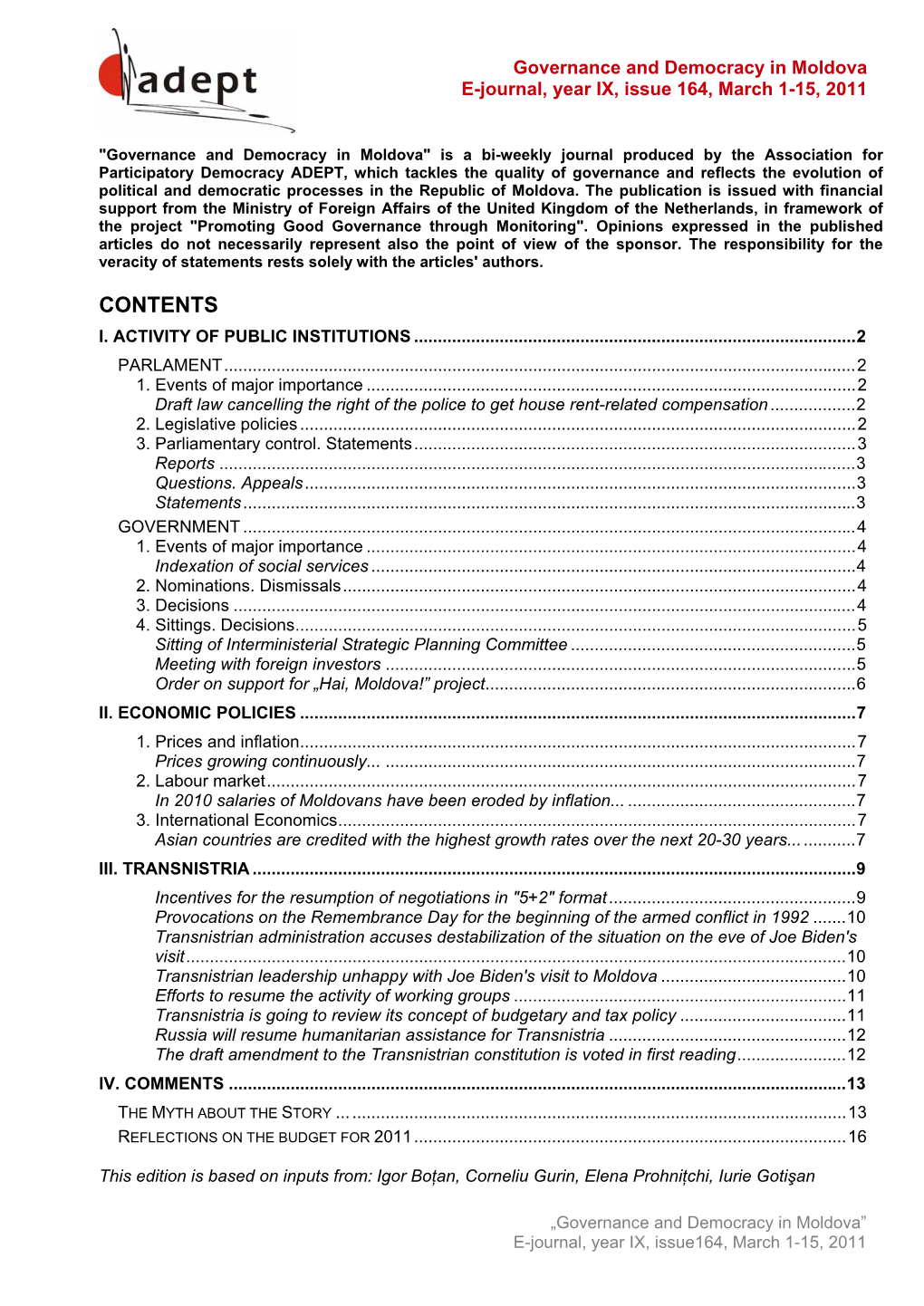 E-Journal, Year IX, Issue 164, March 1-15, 2011