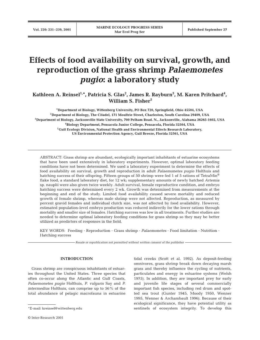 Effects of Food Availability on Survival, Growth, and Reproduction of the Grass Shrimp Palaemonetes Pugio: a Laboratory Study