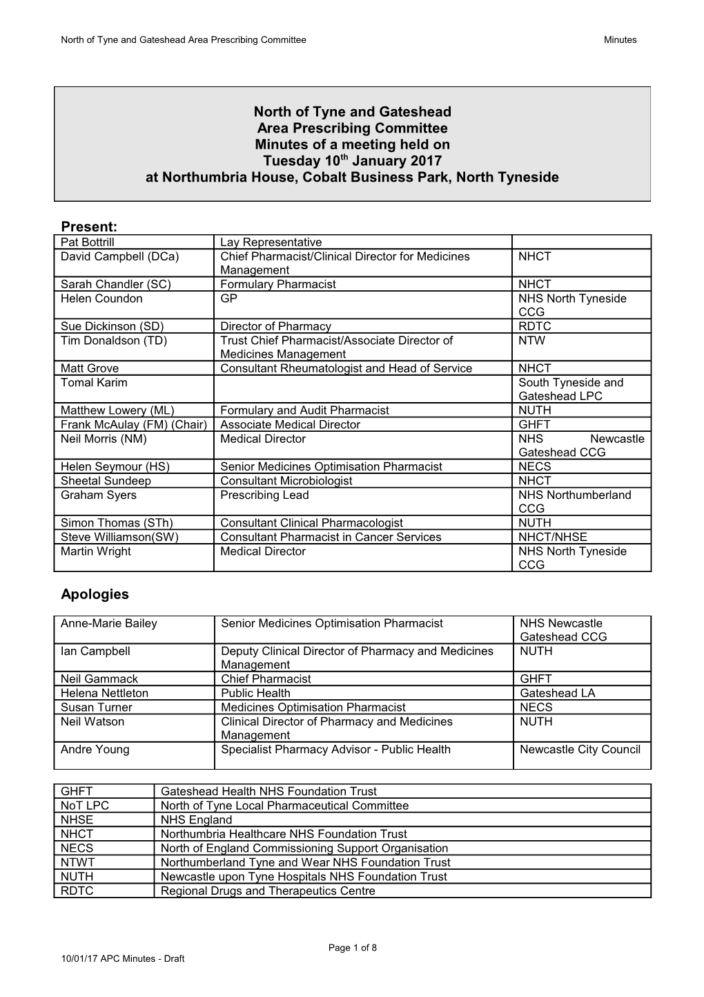 North of Tyne Area Prescribing Committee - Minutes