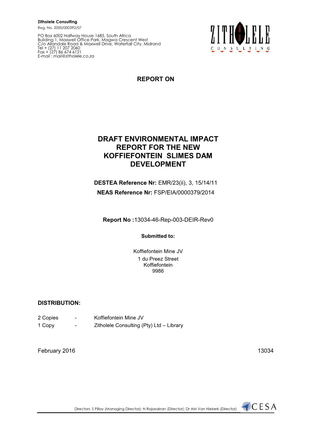 Draft Environmental Impact Report for the New Koffiefontein Slimes Dam Development