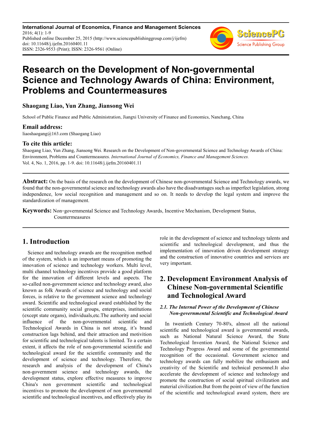 Research on the Development of Non-Governmental Science and Technology Awards of China: Environment, Problems and Countermeasures