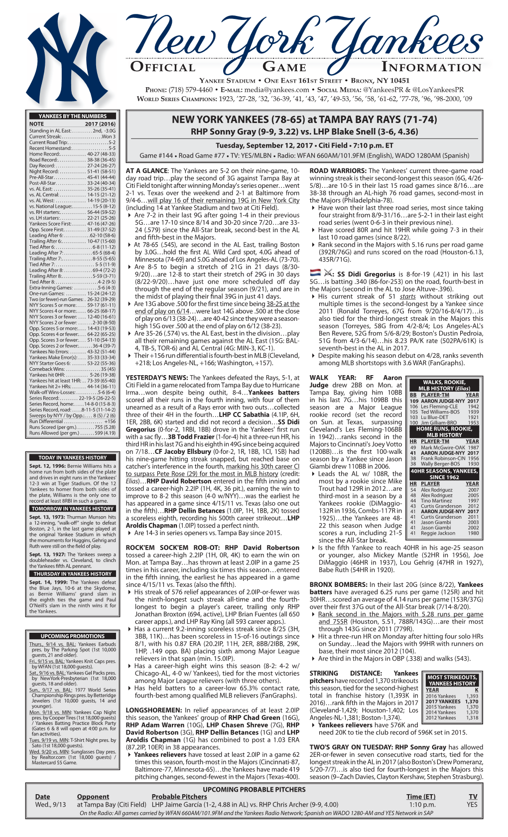 NYY Game Notes