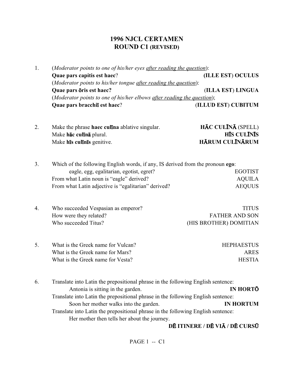 1996 Njcl Certamen Round C1 (Revised)