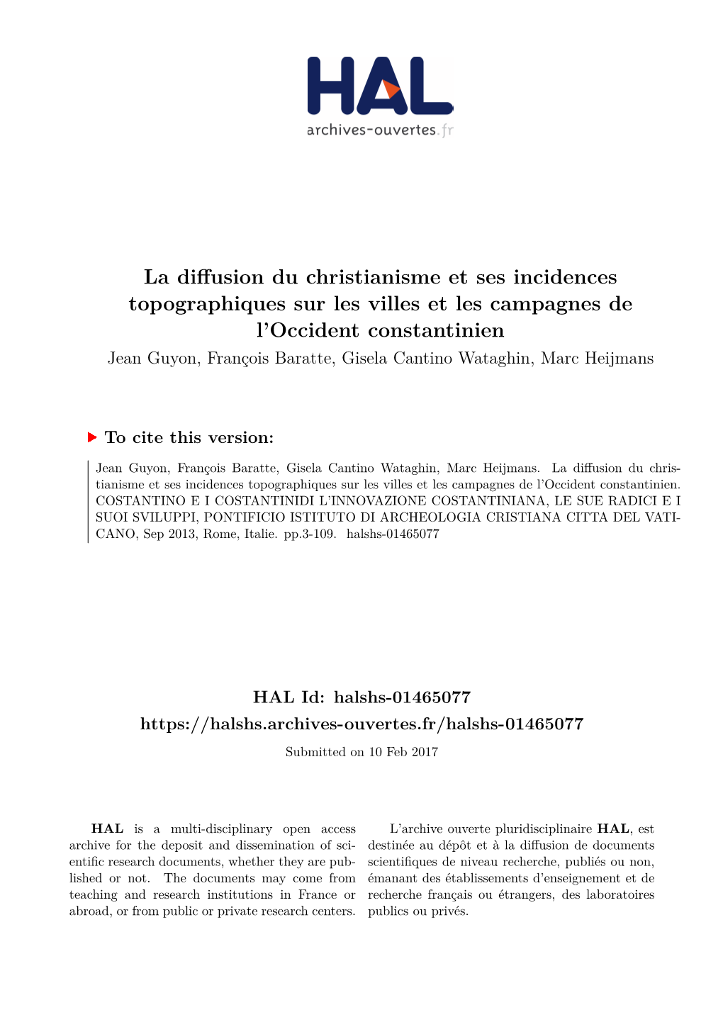 La Diffusion Du Christianisme Et Ses Incidences Topographiques Sur Les