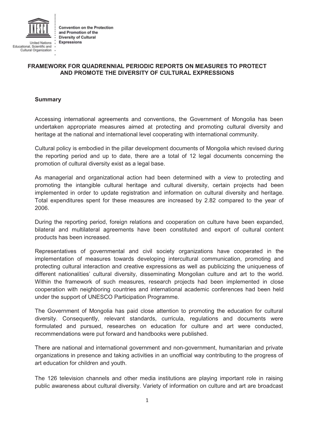 1 Framework for Quadrennial Periodic Reports On