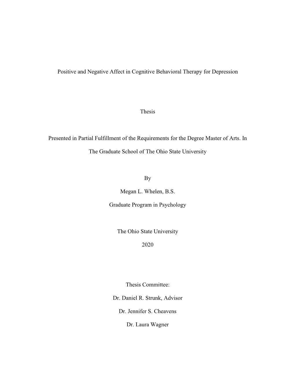 Positive and Negative Affect in Cognitive Behavioral Therapy for Depression