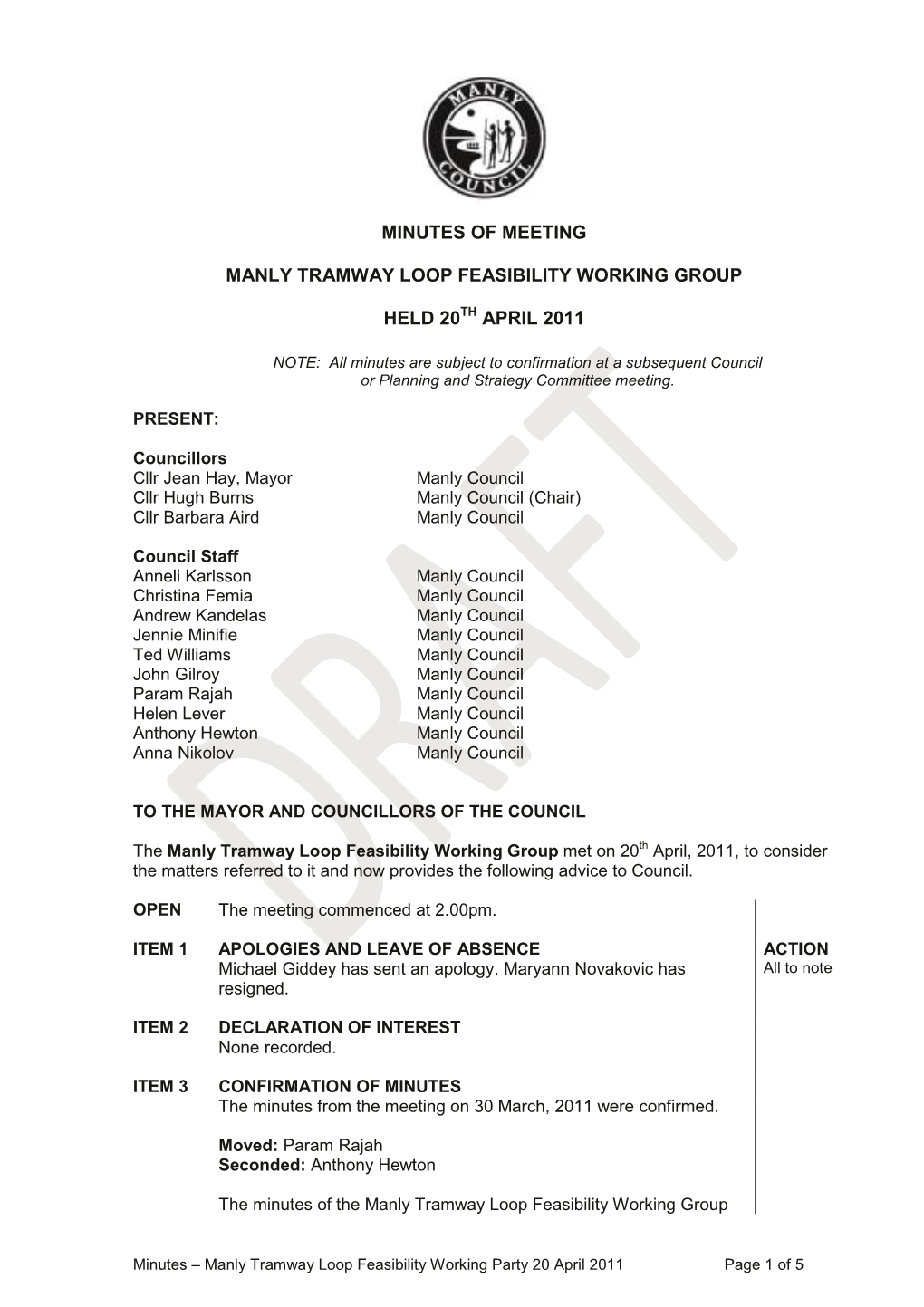 Minutes of Meeting Manly Tramway Loop Feasibility