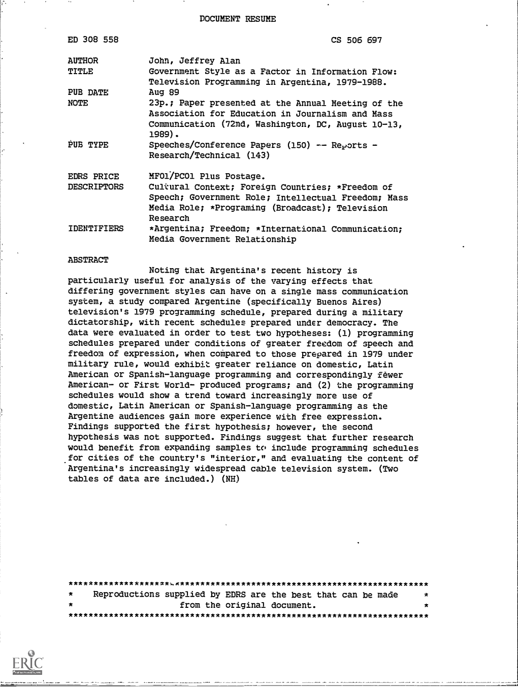 Government Style As a Factor in Information Flow: Television Programming in Argentina, 1979-1988