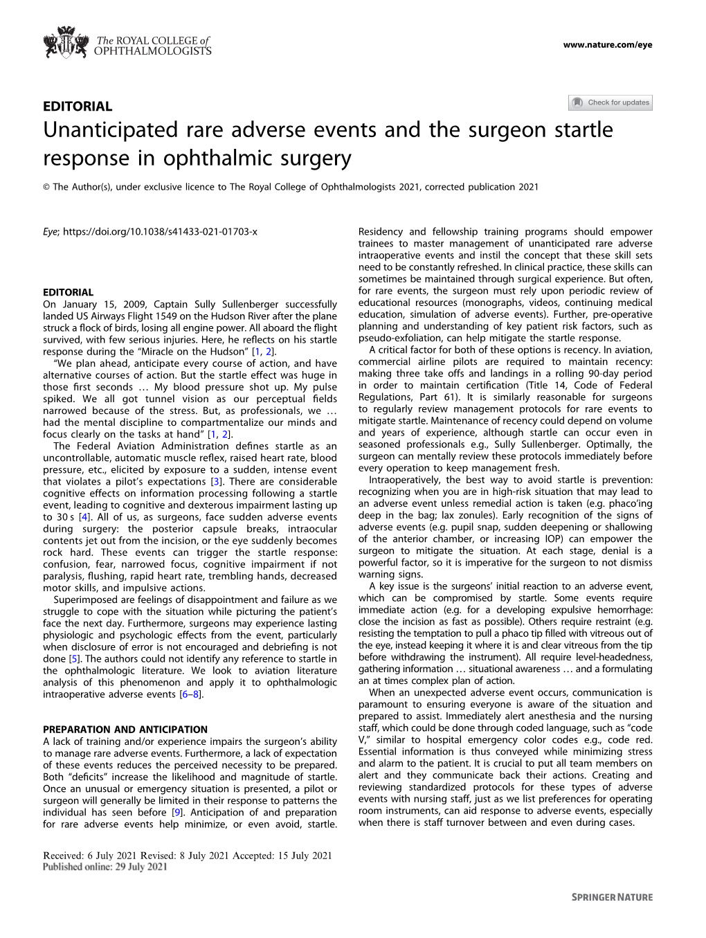 Unanticipated Rare Adverse Events and the Surgeon Startle Response in Ophthalmic Surgery