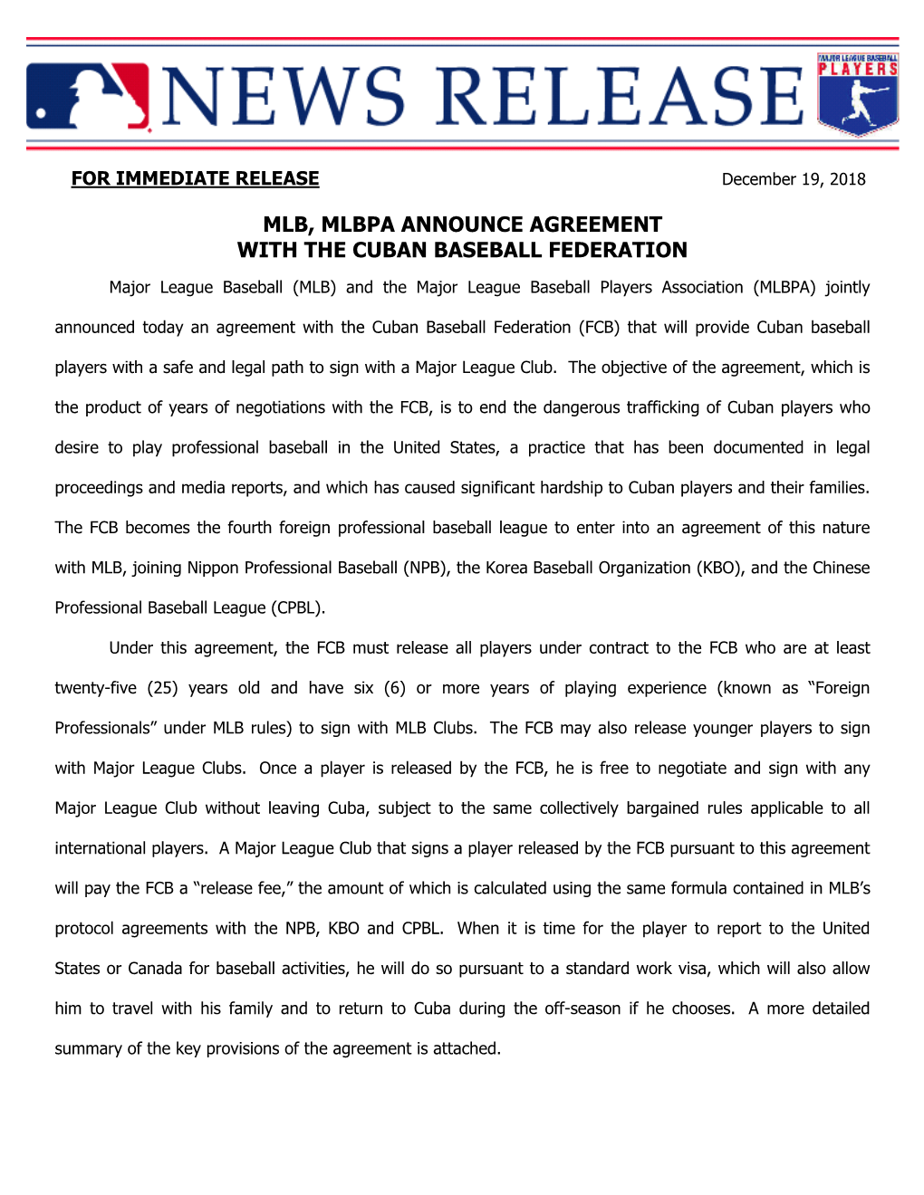 Mlb, Mlbpa Announce Agreement with the Cuban Baseball Federation