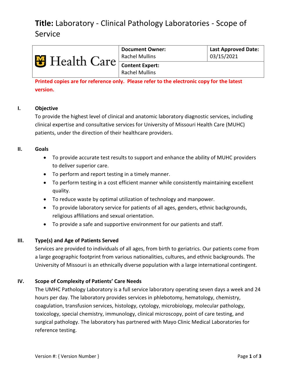 Clinical Pathology Laboratories - Scope of Service