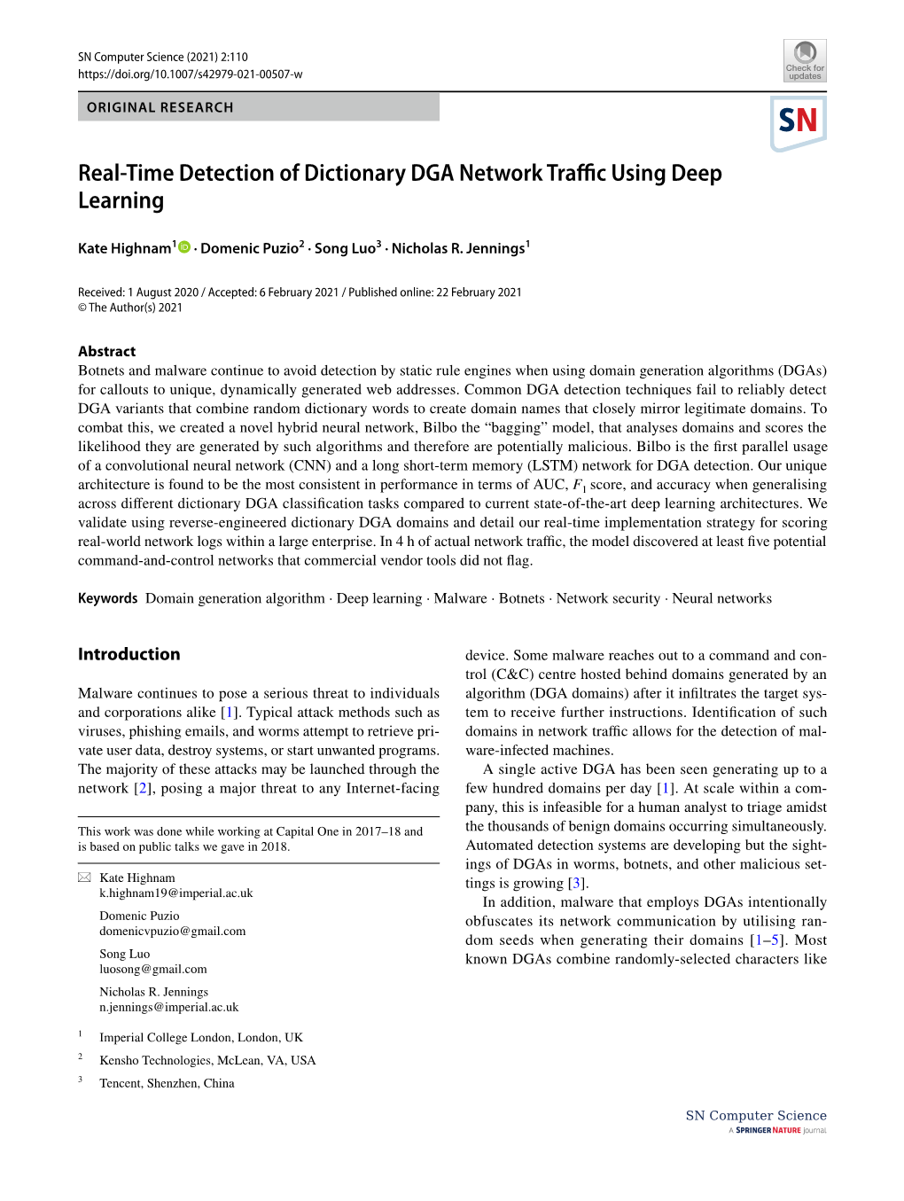 Real-Time Detection of Dictionary DGA Network Traffic Using Deep