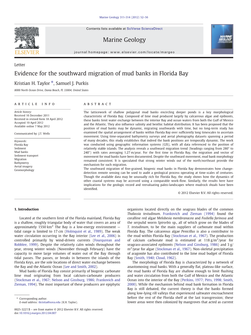 Evidence for the Southward Migration of Mud Banks in Florida Bay