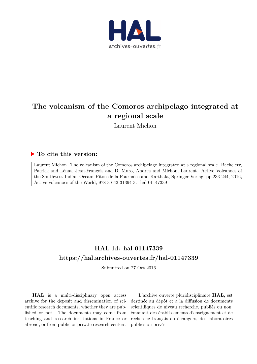 The Volcanism of the Comoros Archipelago Integrated at a Regional Scale Laurent Michon