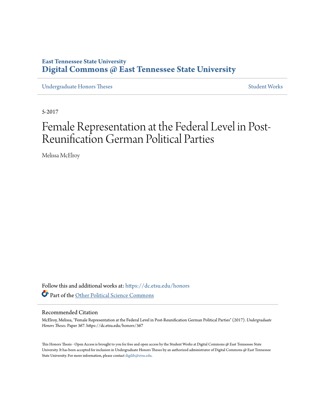 Female Representation at the Federal Level in Post-Reunification German Political Parties