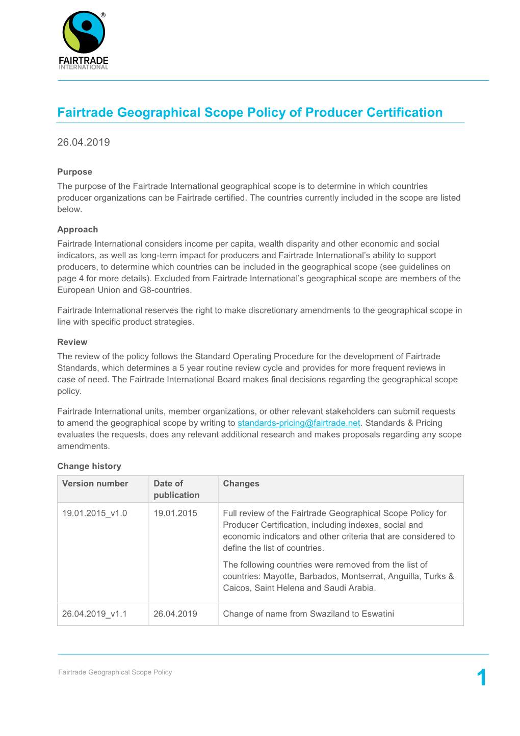 Fairtrade Geographical Scope Policy of Producer Certification