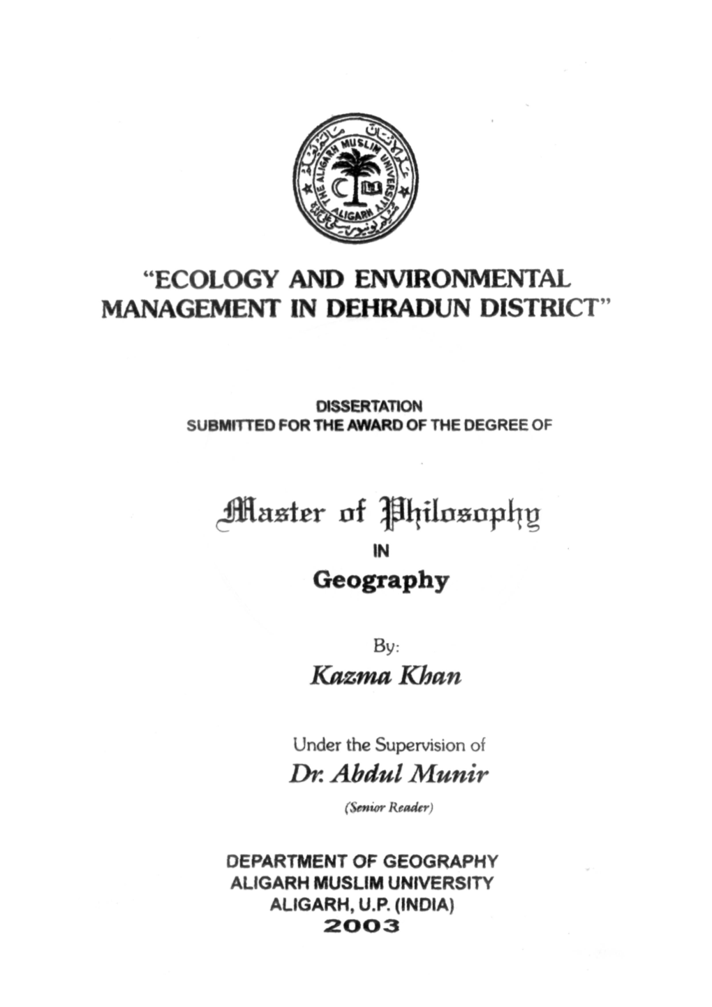 Ecology and Environmental Management in Dehradun District"