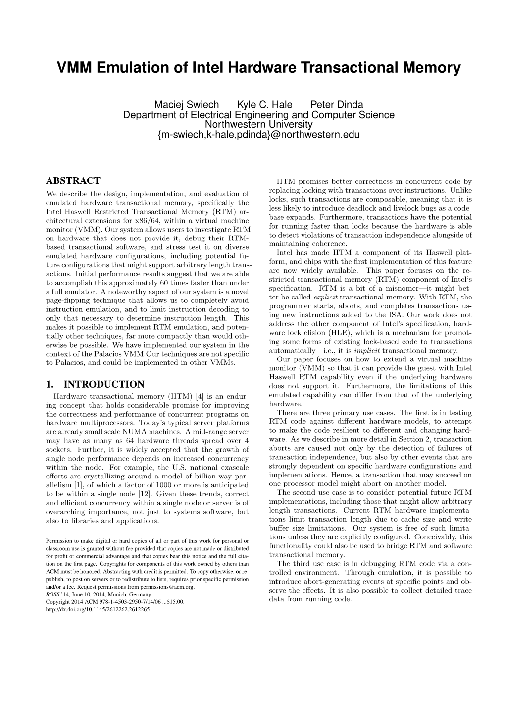 VMM Emulation of Intel Hardware Transactional Memory