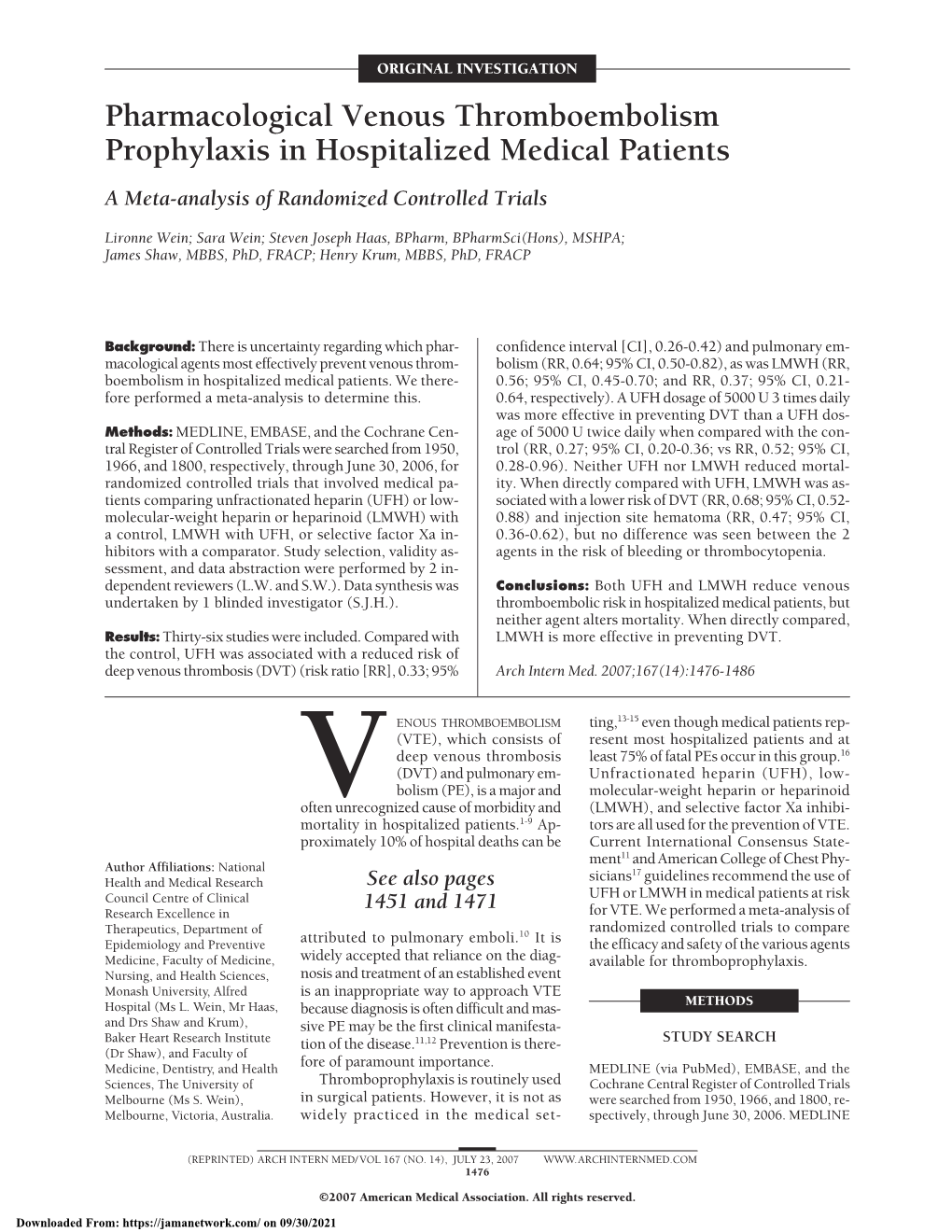 Pharmacological Venous Thromboembolism Prophylaxis in Hospitalized Medical Patients a Meta-Analysis of Randomized Controlled Trials