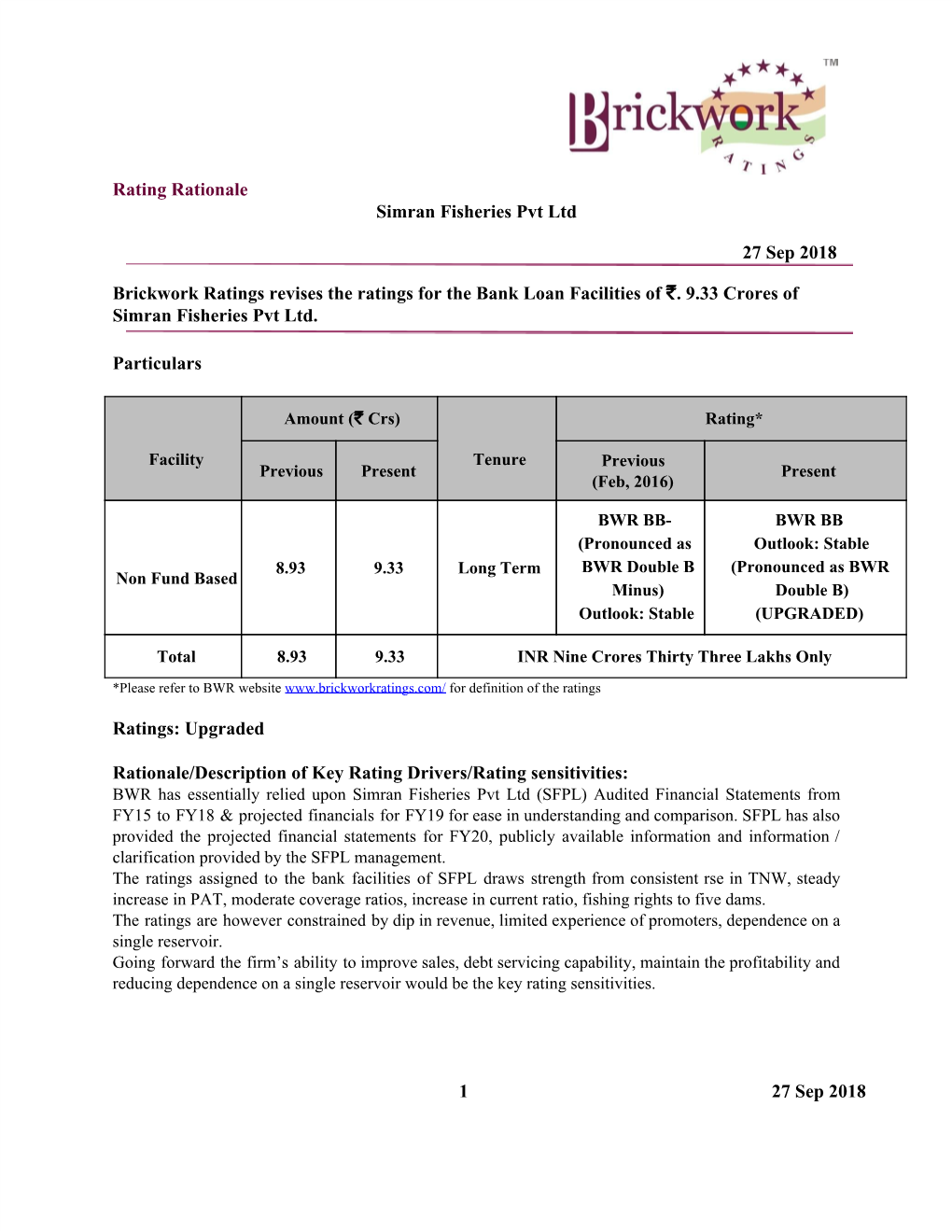 Rating Rationale Simran Fisheries Pvt Ltd 27 Sep 2018 Brickwork Ratings Revises the Ratings for the Bank Loan Facilities of ₹