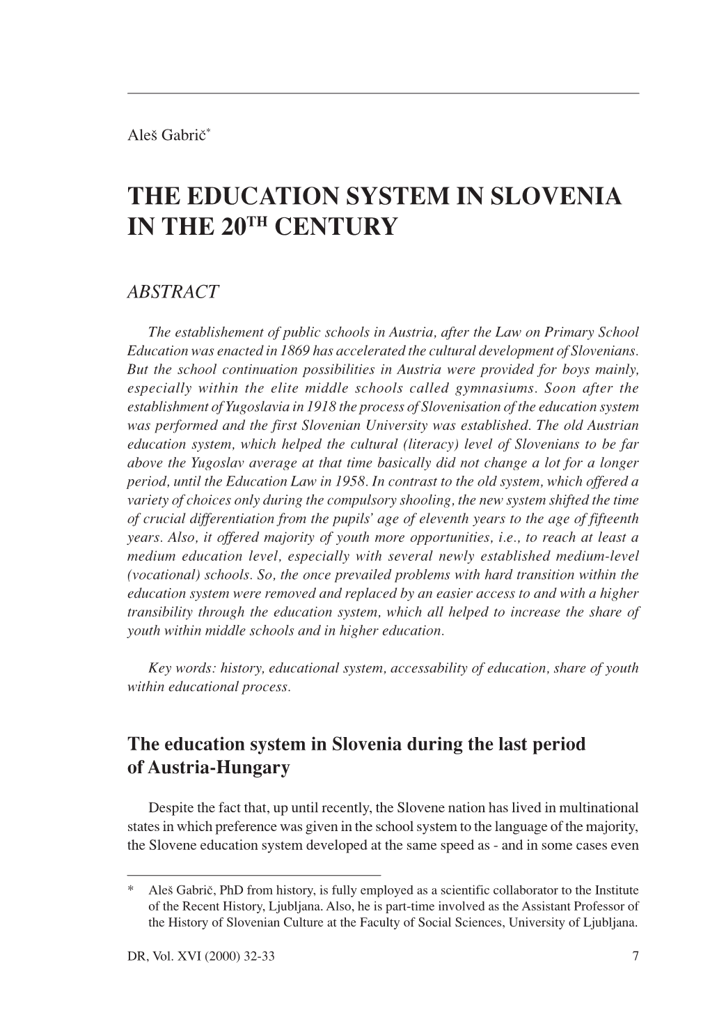 The Education System in Slovenia in the 20Th Century