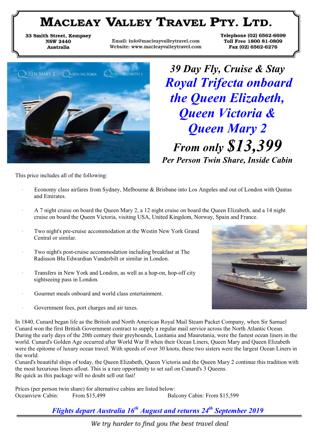 Royal Trifecta Onboard the Queen Elizabeth, Queen Victoria & Queen Mary 2 from Only $13,399 Per Person Twin Share, Inside Cabin