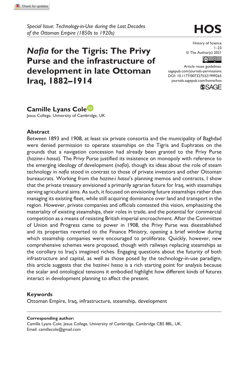 The Privy Purse and the Infrastructure of Development in Late Ottoman Iraq, 1882–1914