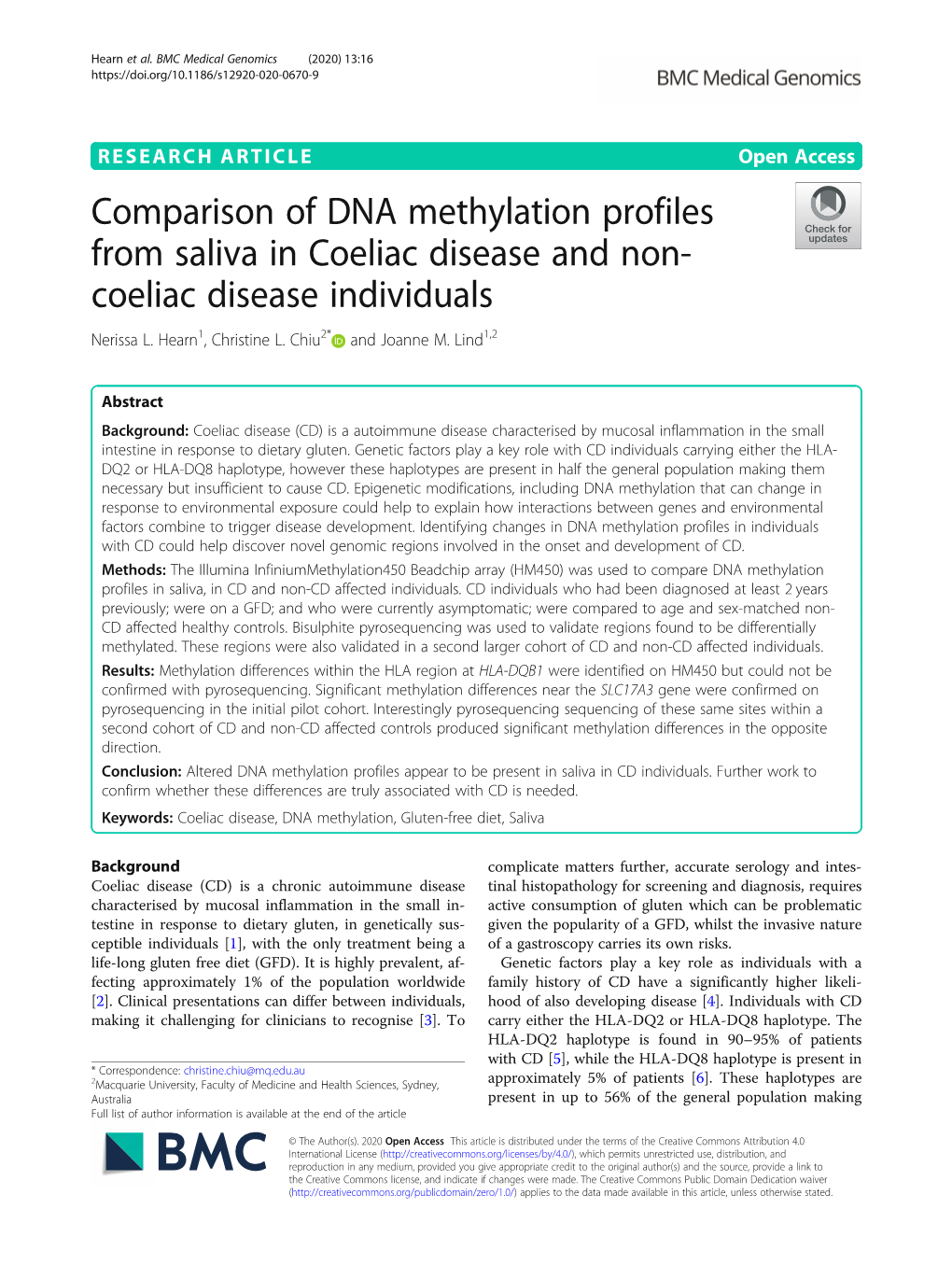 Comparison of DNA Methylation Profiles from Saliva in Coeliac Disease and Non- Coeliac Disease Individuals Nerissa L