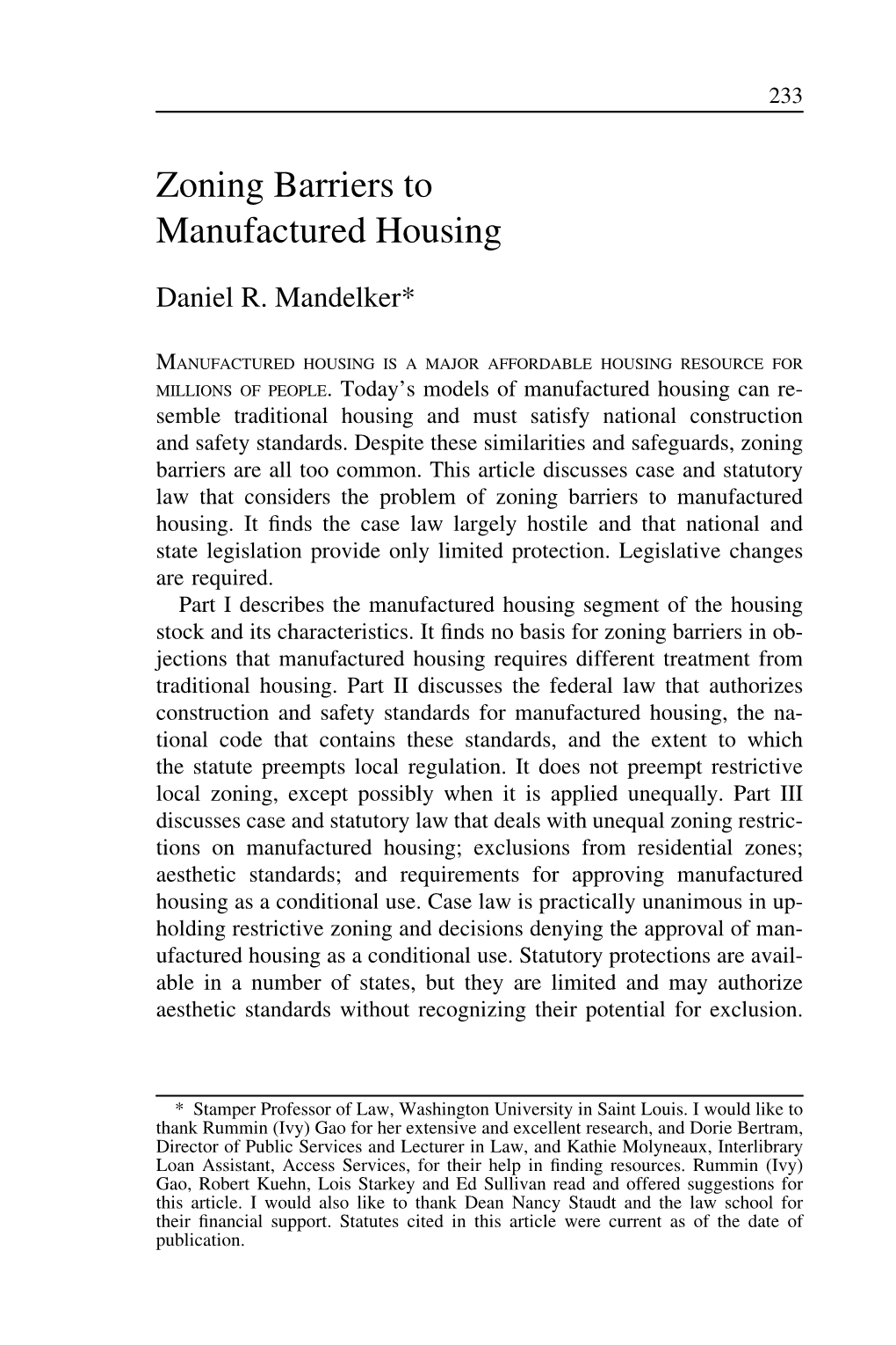 Zoning Barriers to Manufactured Housing