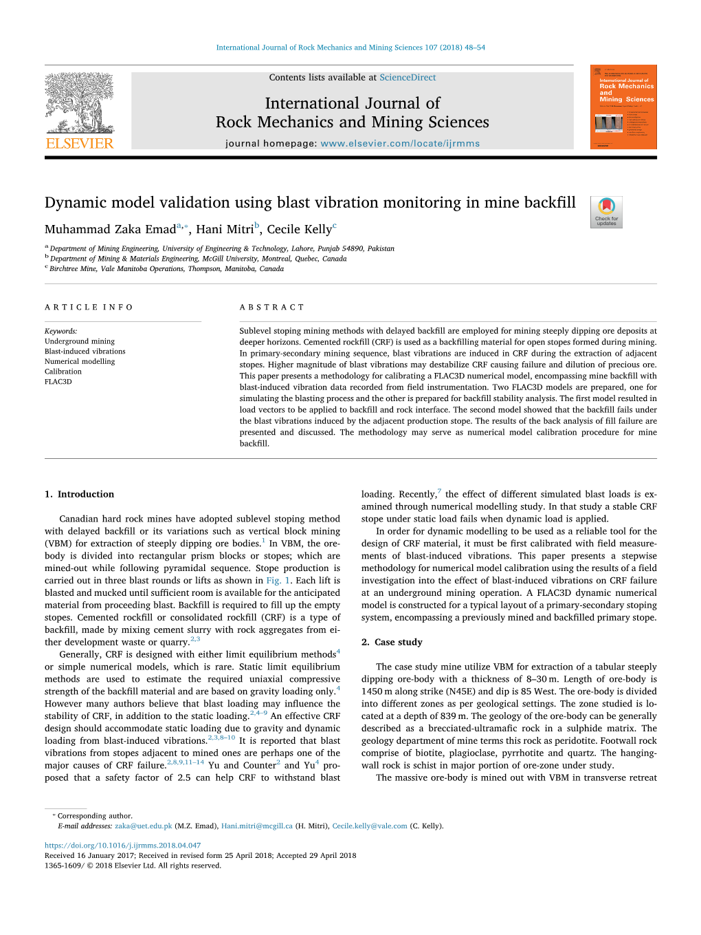 Dynamic Model Validation Using Blast Vibration Monitoring in Mine Backfill