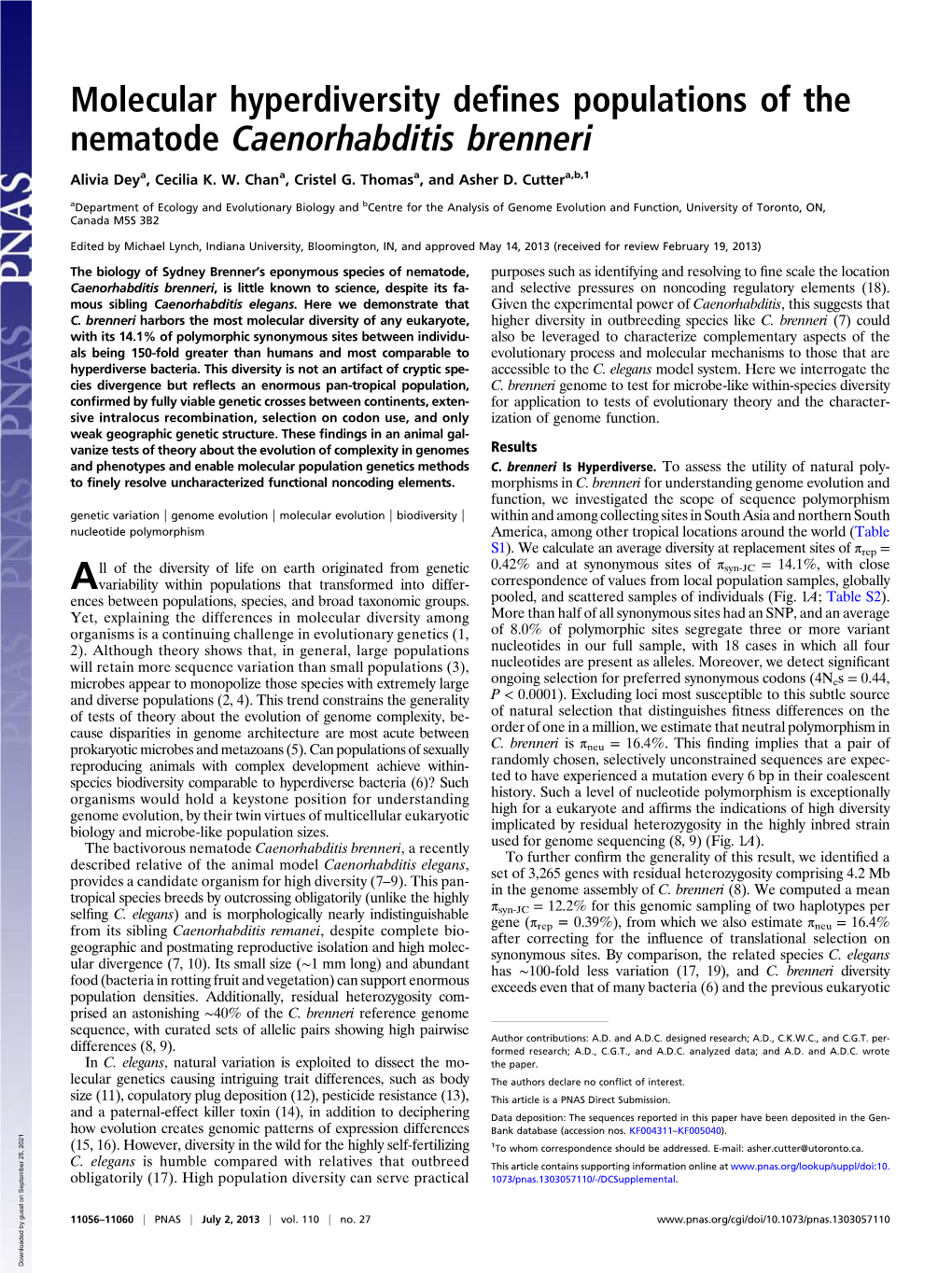 Molecular Hyperdiversity Defines Populations of the Nematode