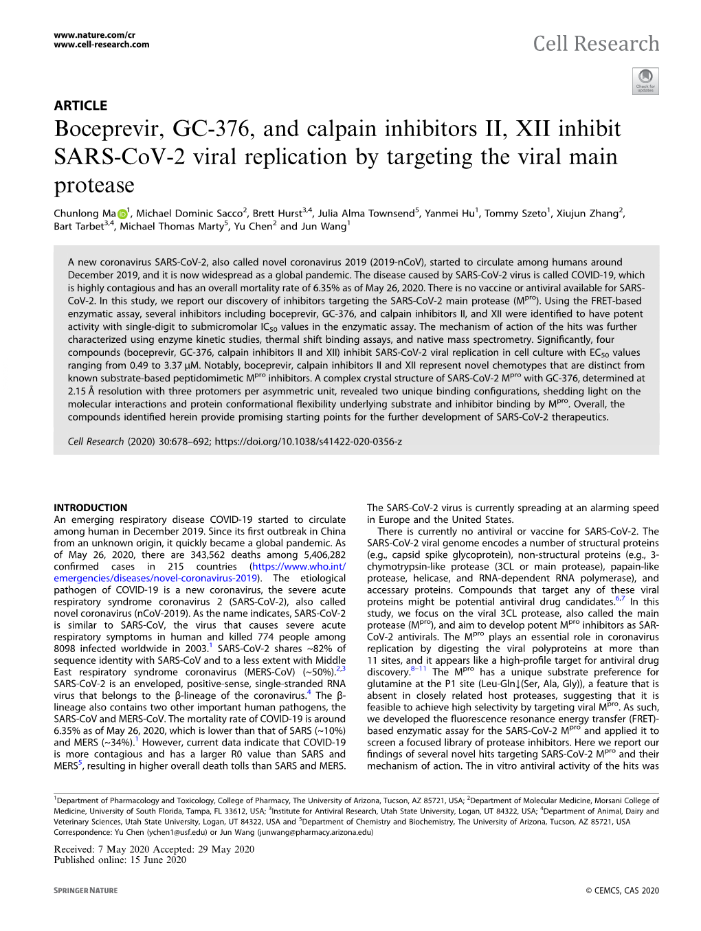 Boceprevir, GC-376, and Calpain Inhibitors II, XII Inhibit SARS-Cov-2 Viral Replication by Targeting the Viral Main Protease