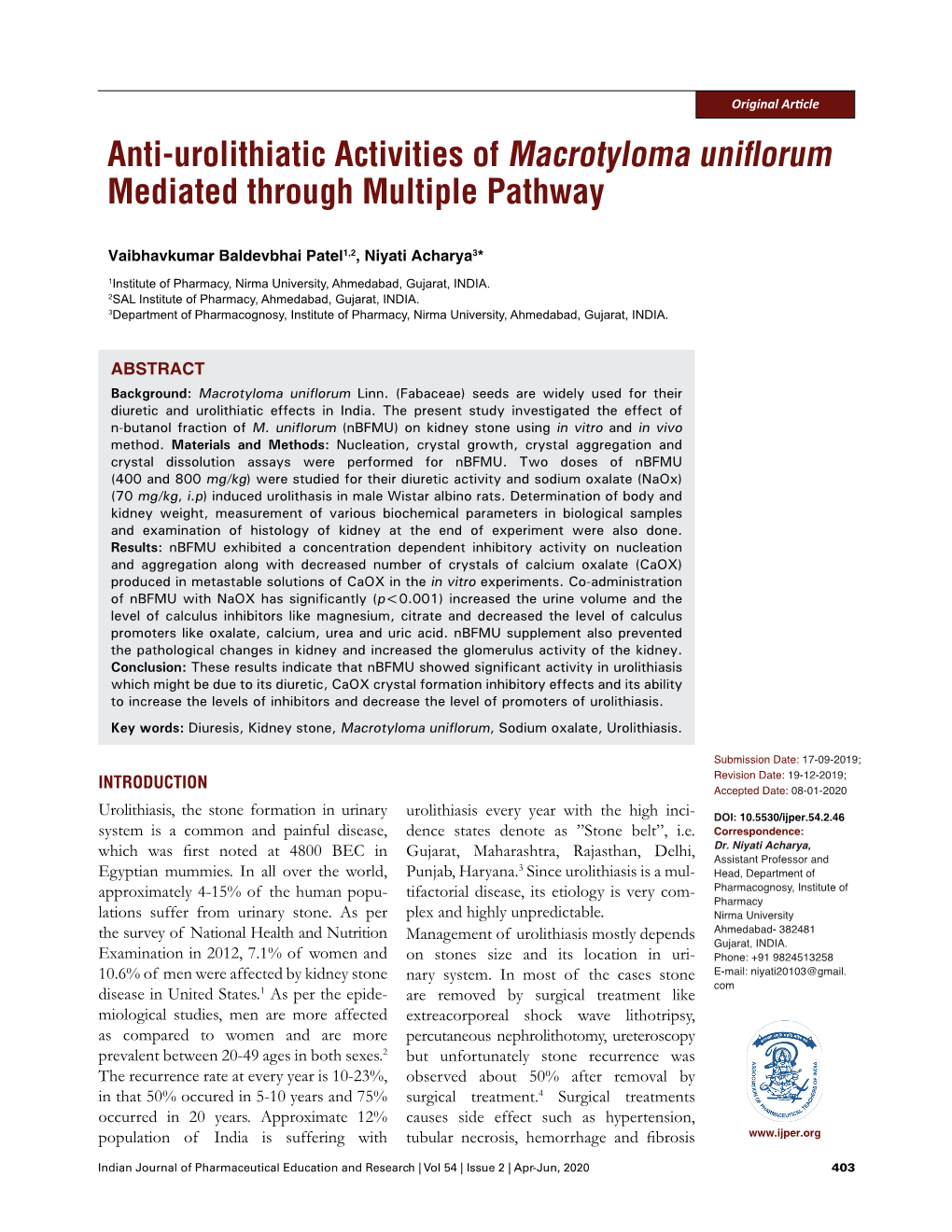 Anti-Urolithiatic Activities of Macrotyloma Uniflorum Mediated Through Multiple Pathway