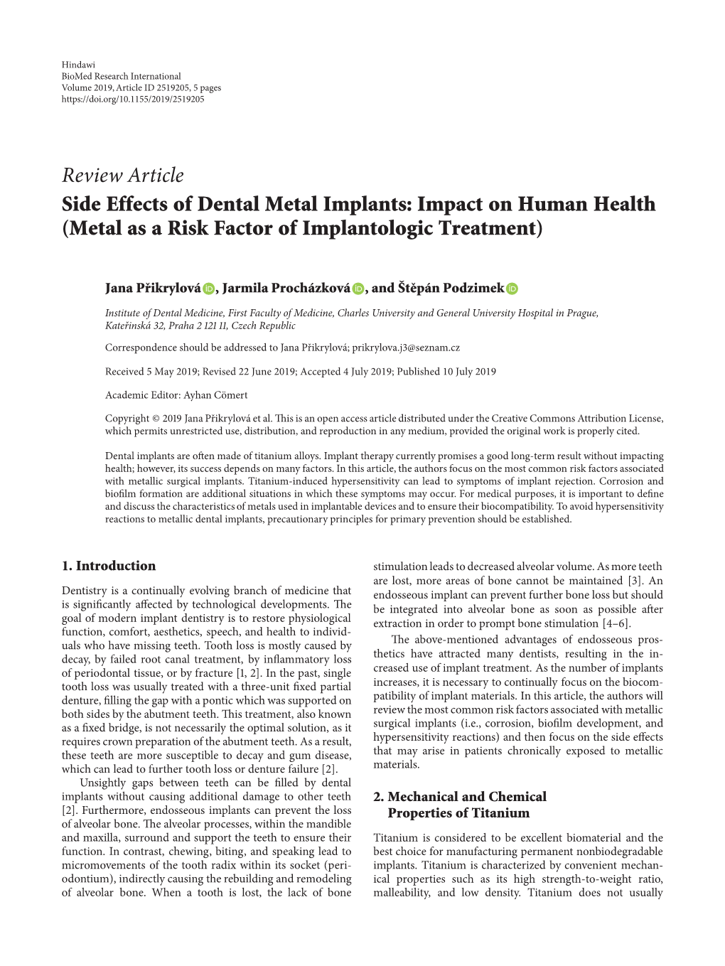 Review Article Side Effects of Dental Metal Implants: Impact on Human Health (Metal As a Risk Factor of Implantologic Treatment)